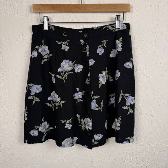 Vintage 80s TR Bentley Floral Skirt Black Blue Button Front Size Medium A-Line - Picture 1 of 4